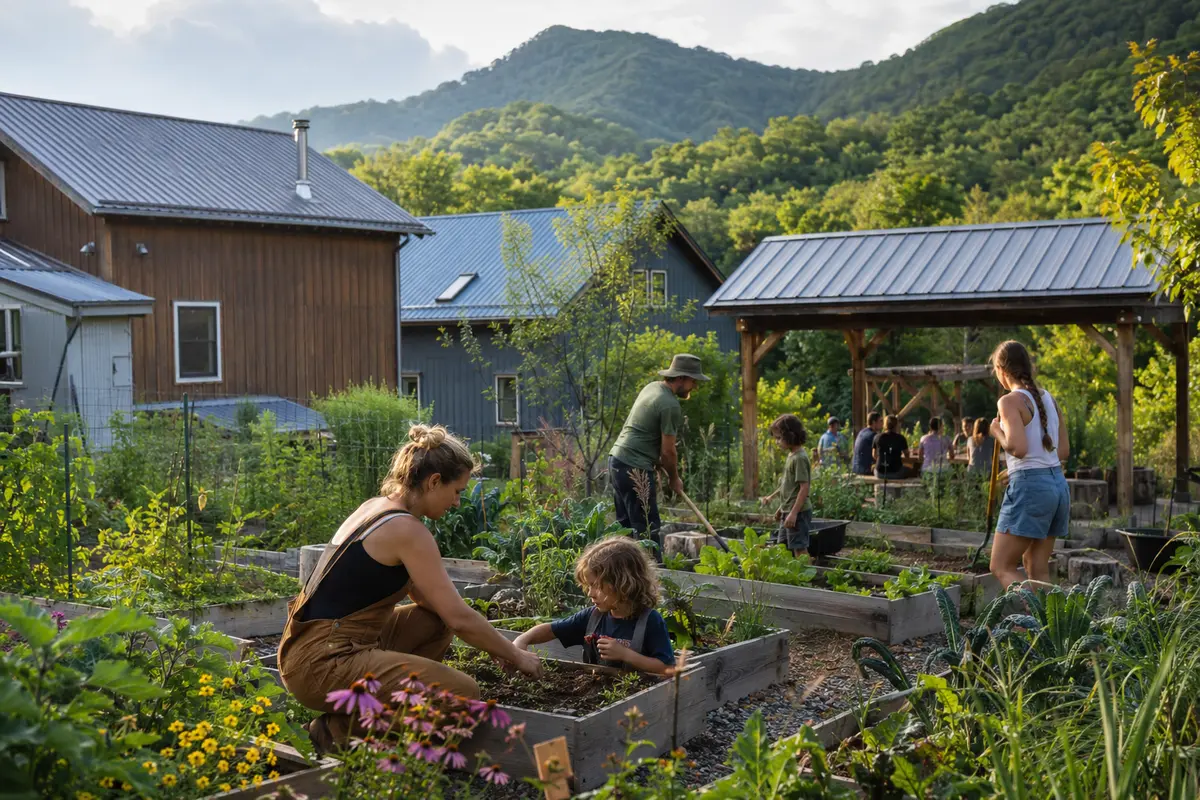 Illustrative community tending food gardens beside mountain homes